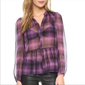 Rebecca Taylor Long Sleeve Shadow Plaid Peplum Top